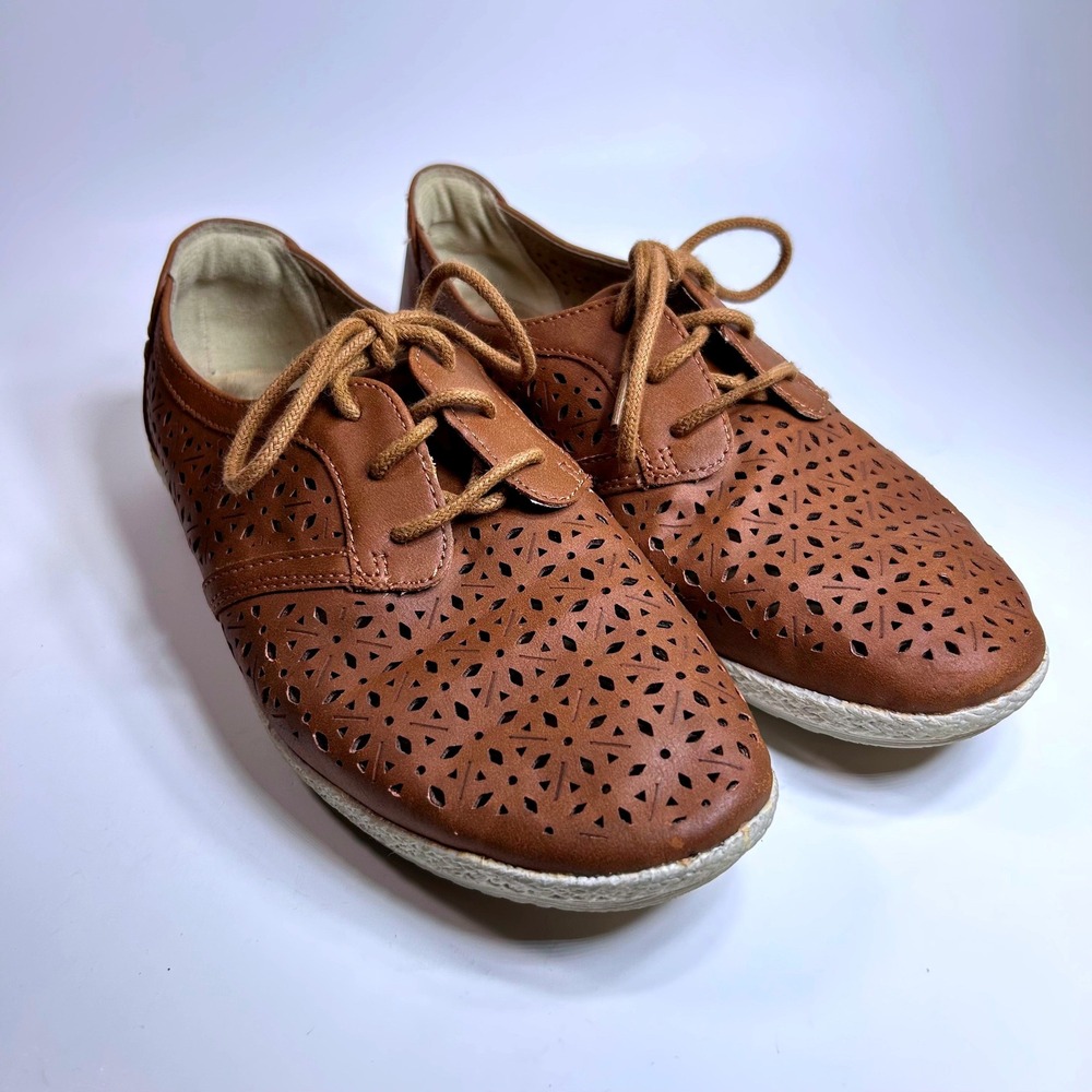 Earth Spirit Gelron Brown Laser Cut Perforated Lace Up Oxfords Womens 8